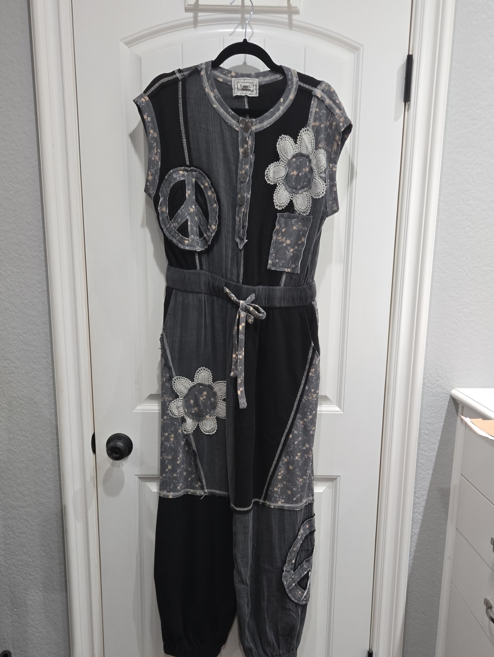 POL Gray and Black Patchwork Maxi Jumpsuit with Appliqué